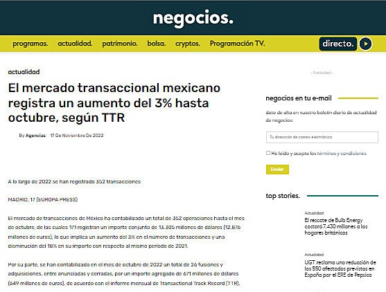 El mercado transaccional mexicano registra un aumento del 3% hasta octubre, segn TTR